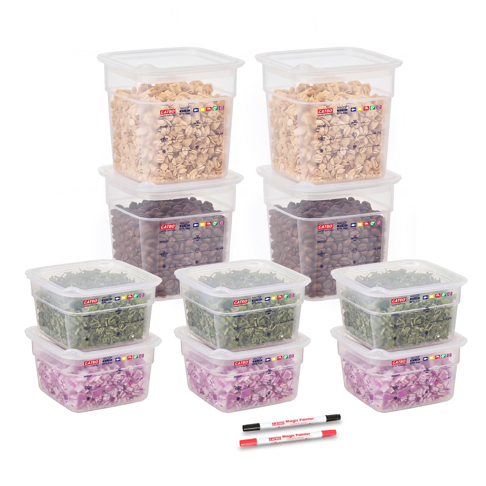 Gatbo Transparent 10 Pack Total 8L Food Storage Containers, Commercial Kitchen Storage Container With Snap-On Lid, Pantry Storage Organizers With 2 Erasable Markers For Cereal, Dry Food, And Vegetables