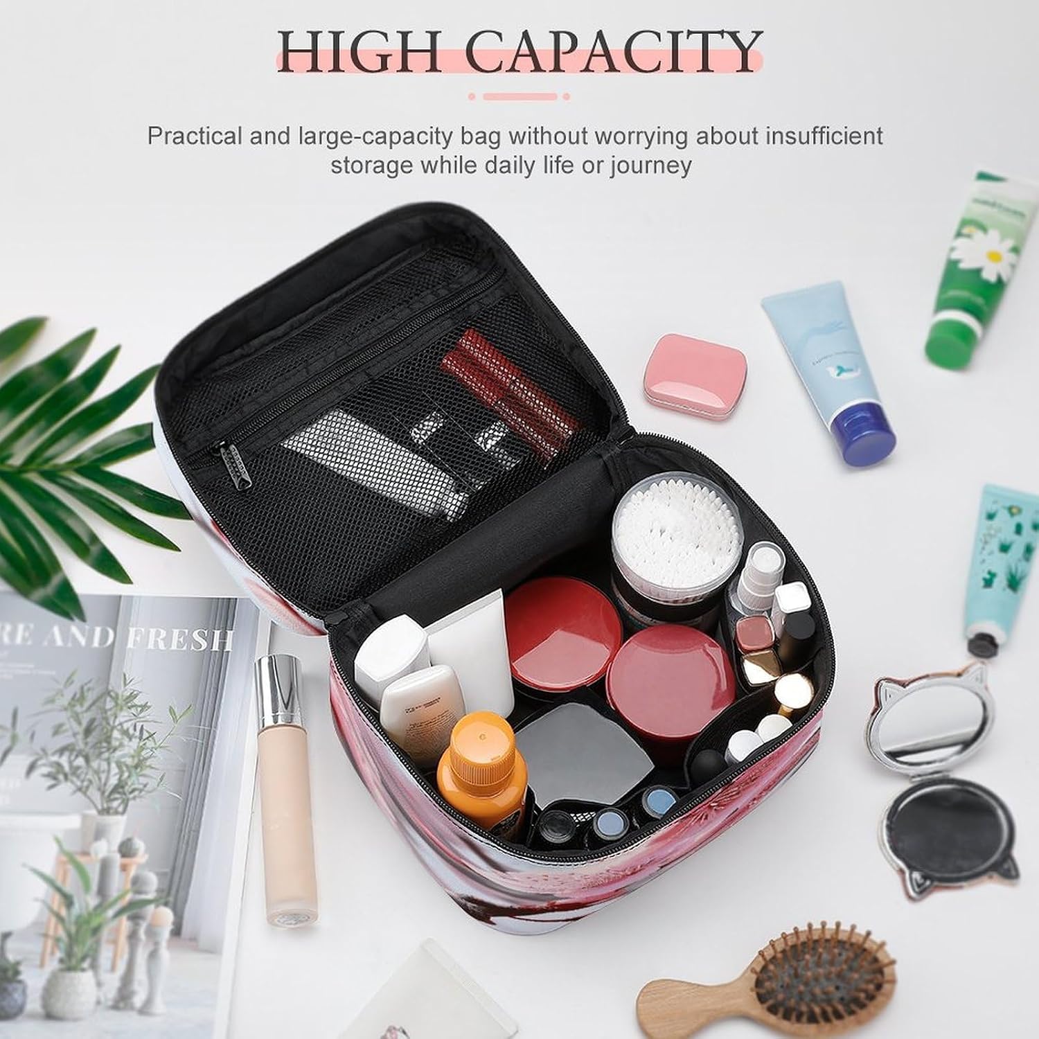 Plum Blossom Travel Makeup Bags Large Capacity Cosmetic Bag for Women Portable Makeup Artist Organizer Bags Waterproof Make Up Bag Lightweight Hand-held Makeup Case image 4