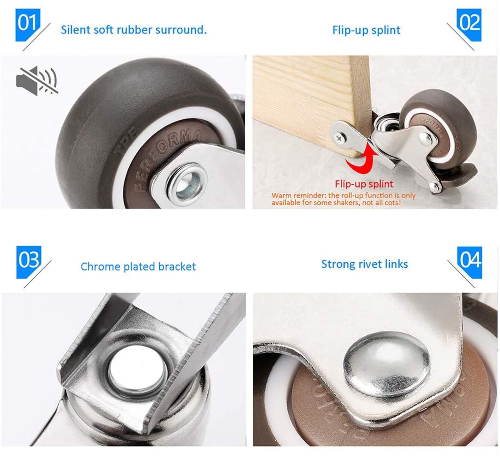 Roue Universelle Robuste de 1,5/2"avec Freins roulettes de Meubles Lit de bébé Charge maximale 108 kg Protéger (sans Rayures/Bruit) avec vis/Roulette 4pcs,B,1.5in(38mm)