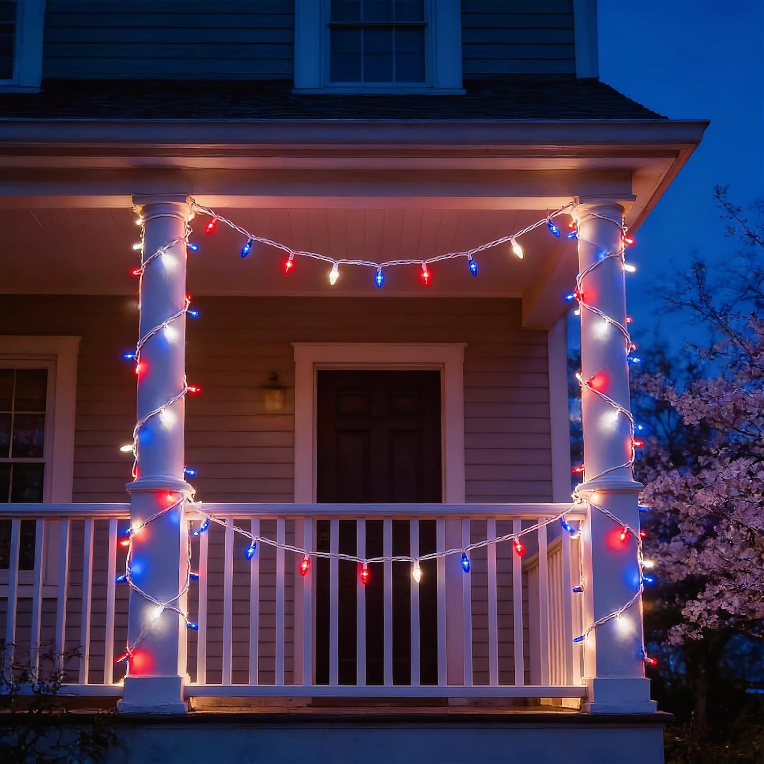 150 LED Red White and Blue US Flag Lights, UL Certified and Commercial Grade 50 Ft White Wire 3-Colored Christmas Lights, for Indoor and Outdoor Party, 4th of July.
