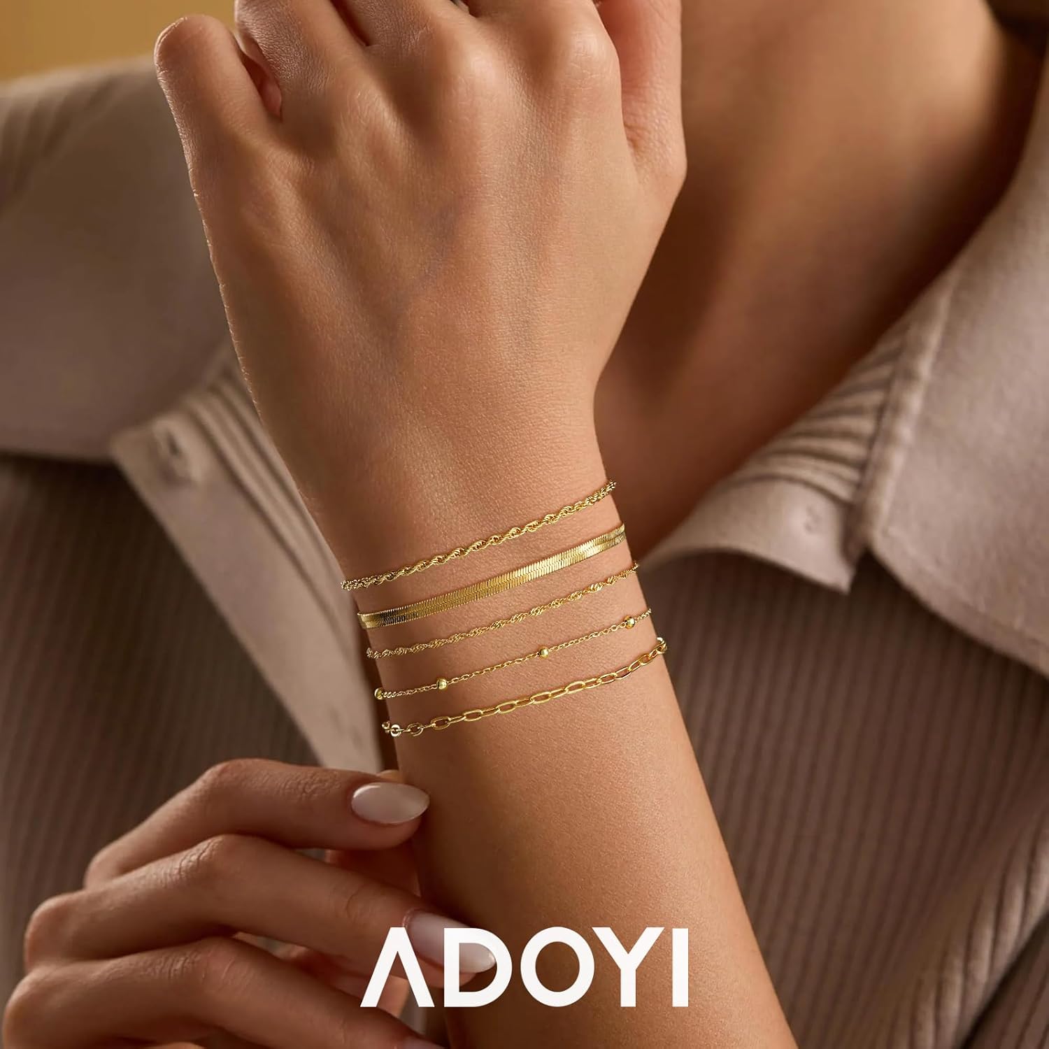 adoyi Valentines Day Gifts for Her Gold Bracelets for Women, 14K Gold Plated Stackable Bracelet Stack Set Adjustable Charm Paperclip Chain Cuban Link Layered Waterproof Jewelry Sets Gifts for Womens - Image 2