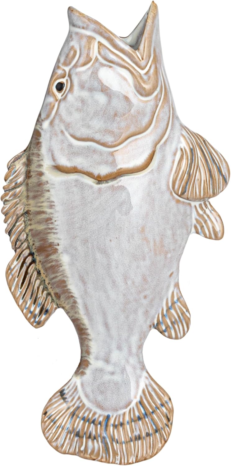 White and Tan Ceramic Fish Shaped Wall Vase