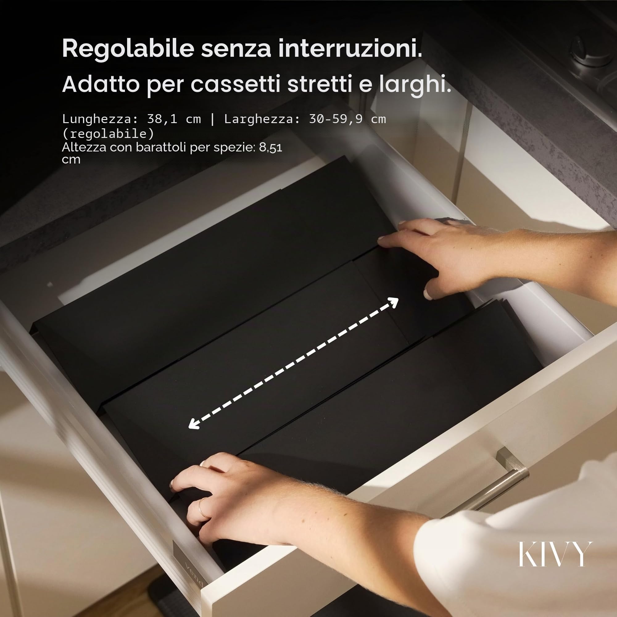 KIVY Portaspezie con barattoli, con 24 barattoli per spezie con etichette, larghezza regolabile, organizer per spezie, cassetto per spezie, contenitore per spezie, cassetto