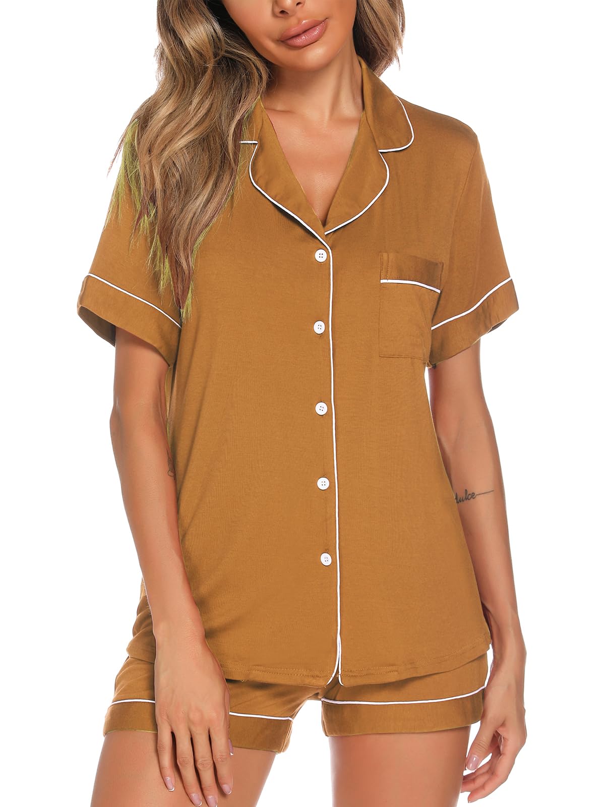 Aamikast Button Up Pajama Set for Women Shorts Short Sleeve Knit Sleepwear 2 Pice Pjs Sets