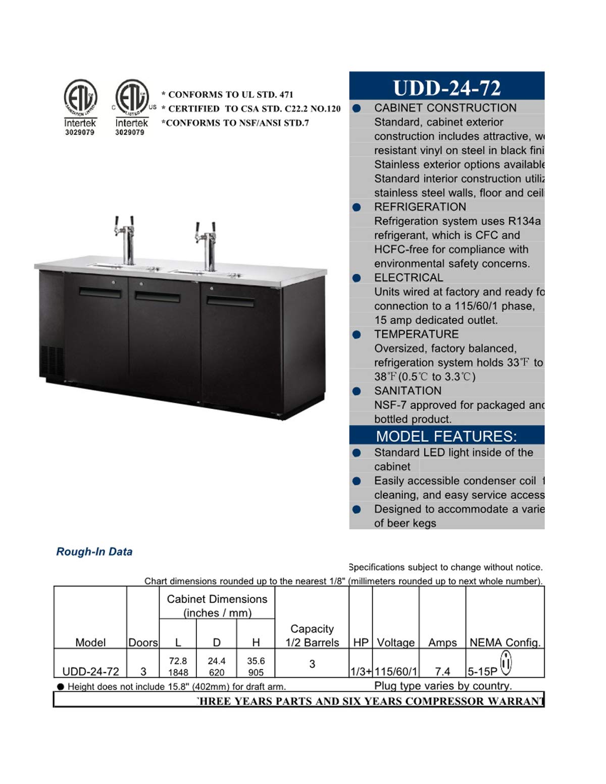 Cooler Depot Beer Keg Dispenser Kegerator 72" Width,2 Tower, Four Tap - Black, (3) 1/2 Keg Capacity on Fridge.com - View 2