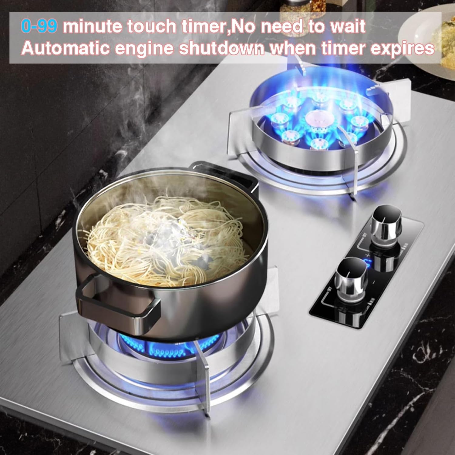 Stainless Steel 2 Burner Gas Stove,5.2KW 9-cavity High-Power Hob,Household LPG/Natural Countertop,99-minute Dual Independent Timer,with Flame Failure Protection(LPG)
