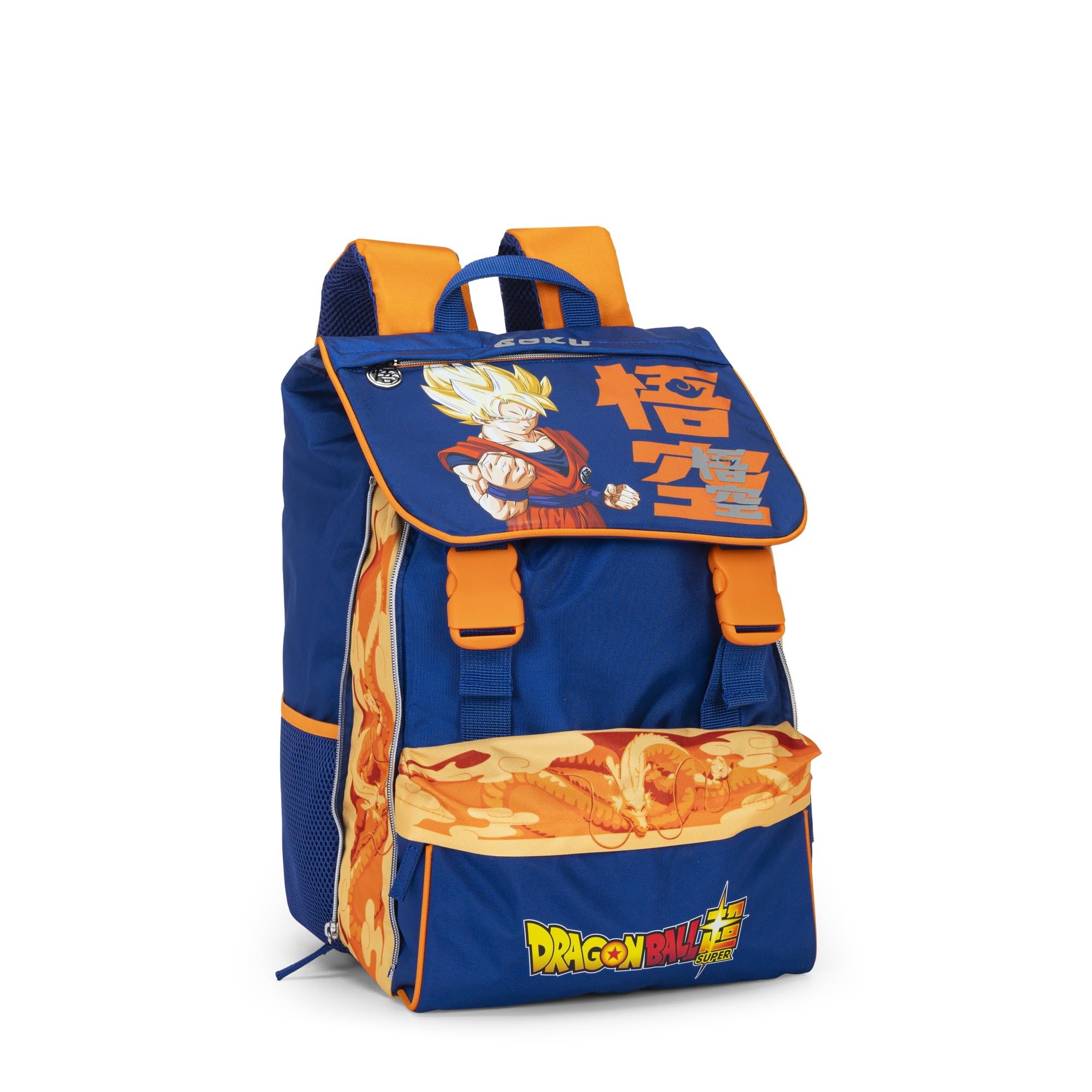 Franco Cosimo Panini Dragon Ball – Rucksack für Mittelschule, Ober- und Grundschule mit großen Räumen, Reißverschlüssen und verstellbaren und gepolsterten Schultergurten, Blau/Orange Ii, 29 x 41H x