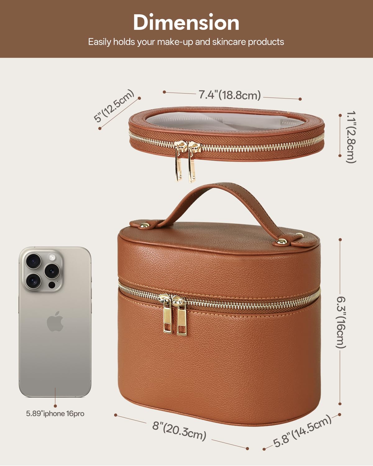 Prite 2 Pcs Trousse Maquillage Femme Vanity Case Voyage Portable Trousse de Toilette Cuir Rigide avec Séparateur et Trousse à Brosse Amovibles (Marron)