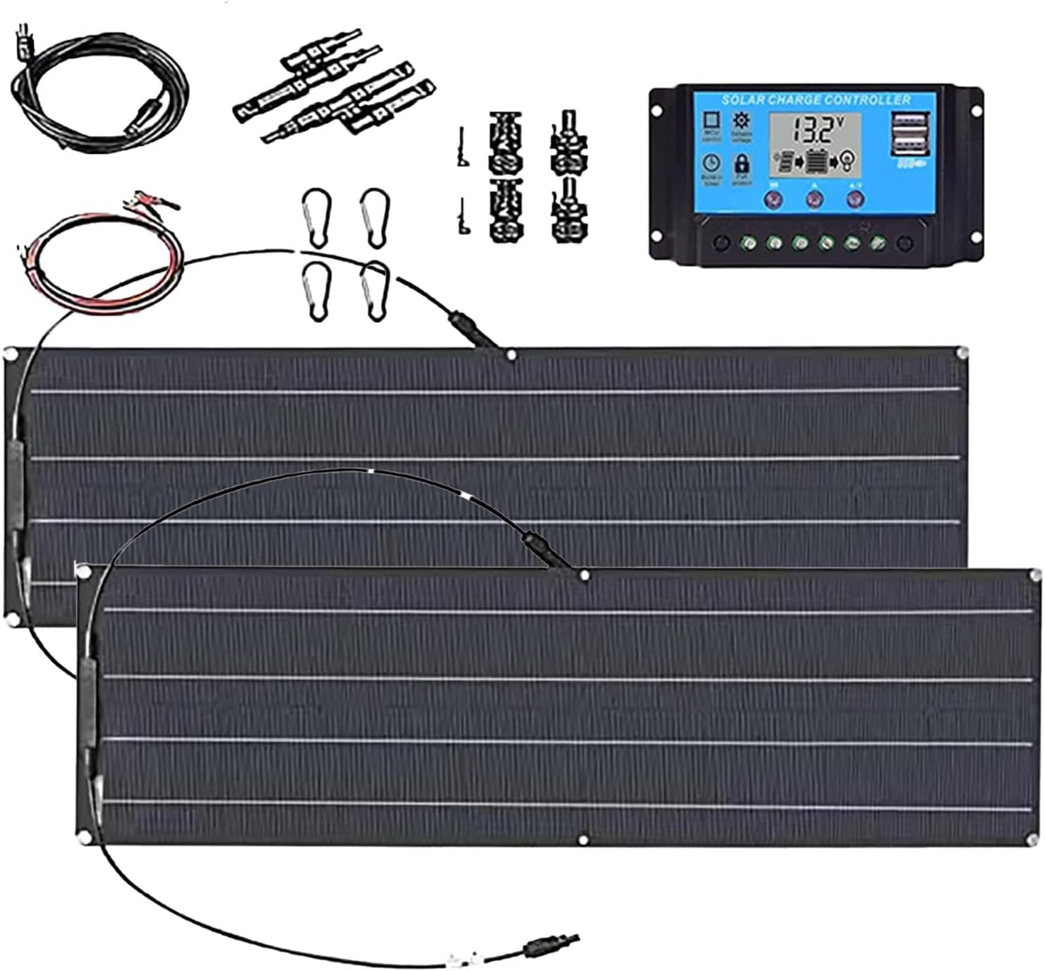 Przenośny zestaw paneli słonecznych do użytku wewnątrz i na zewnątrz, 2 x kabel elastyczny 200 W i regulator ładowania 40 A, do dachu samochodu, łodzi, domu, na kemping, czarny