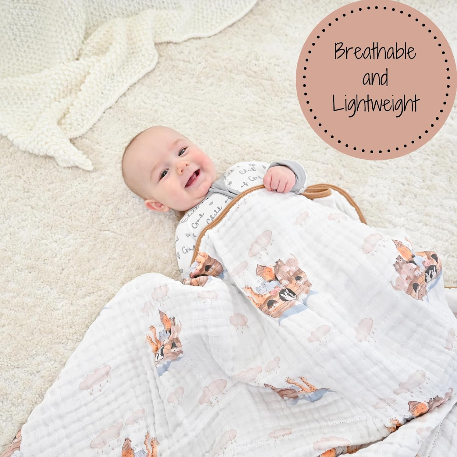 LollyBanks Muslin Baby Blanket 100% Organic Cotton, Muslin Quilt Lightweight, 6 Layers Baby Blankets 47"x 47", Toddler Blanket for Boy and Girl, Nursery Receiving Blankets (Noah's Ark Pattern) - Image 3