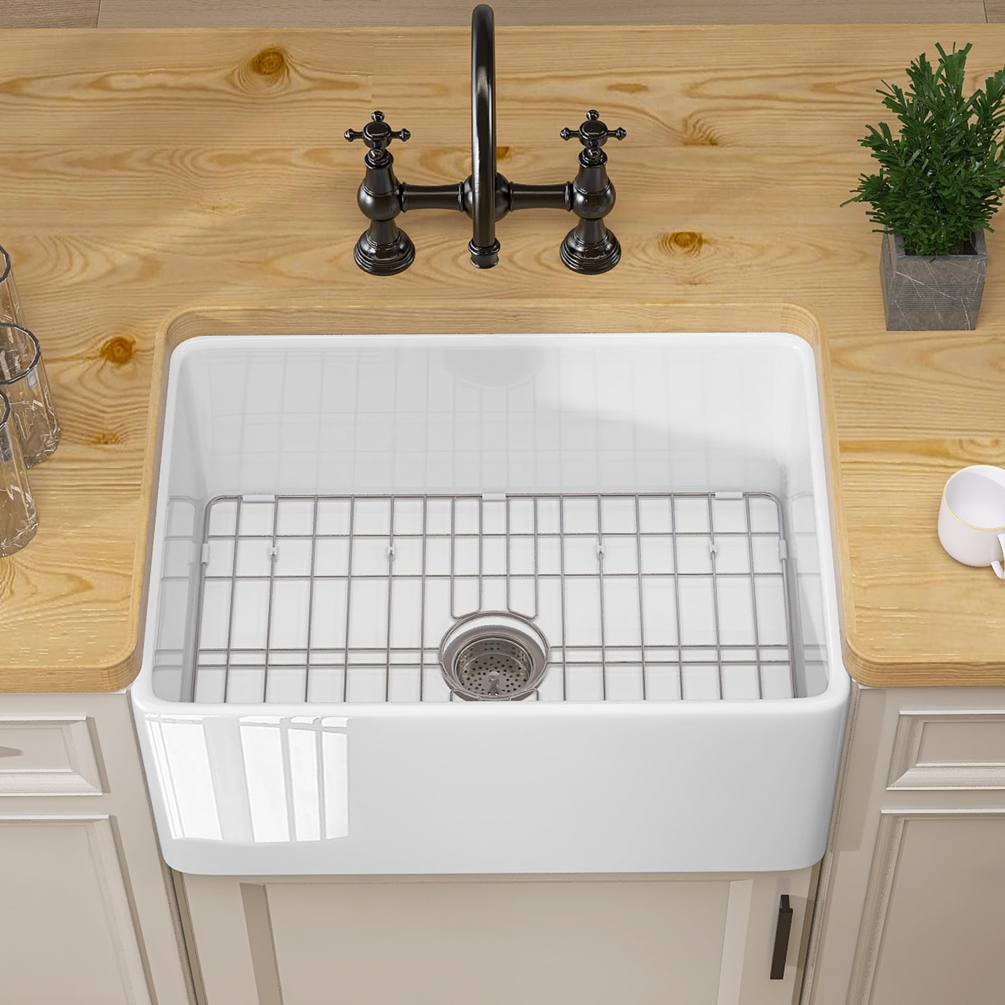 GETPRO Farmhouse Sink - 24x18 Fireclay White Apron Front Deep Single Bowl Undermount Bar Wet Prep Sink for Small RV & Mobile Home with Accessory Kit