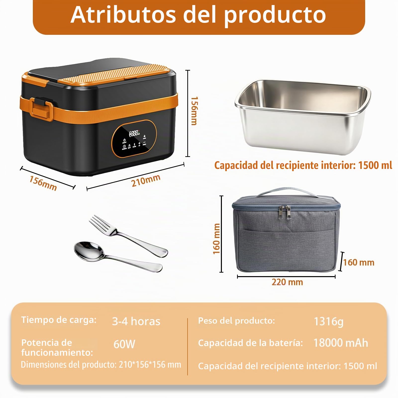 Fiambrera Eléctrica con Batería de 18.000 mAh, Fiambrera Térmica de 1,5 L de Acero Inoxidable 304, Calentamiento Rápido de 60 W, Recipiente Extraíble con Tenedor & Cuchara
