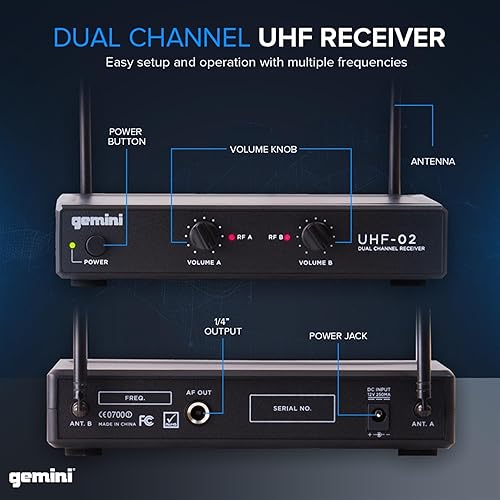 Miniatura 4 de Gemini Sound UHF-02HL-S34 - Auriculares inalámbricos UHF de doble canal y sistema de micrófono de solapa, perfecto para instructores de fitness,