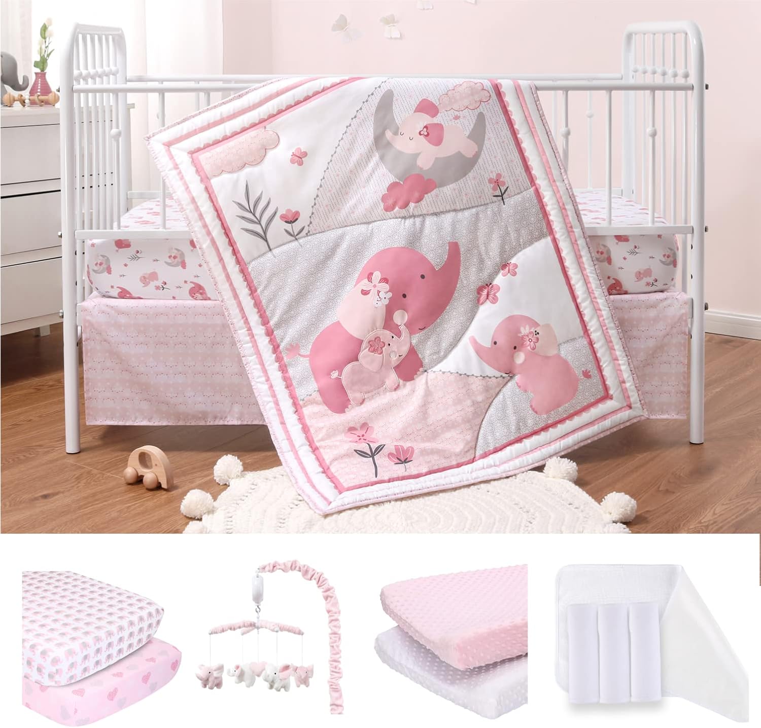 The Peanutshell Pink Elephant Crib Bedding Sets (12 Piece