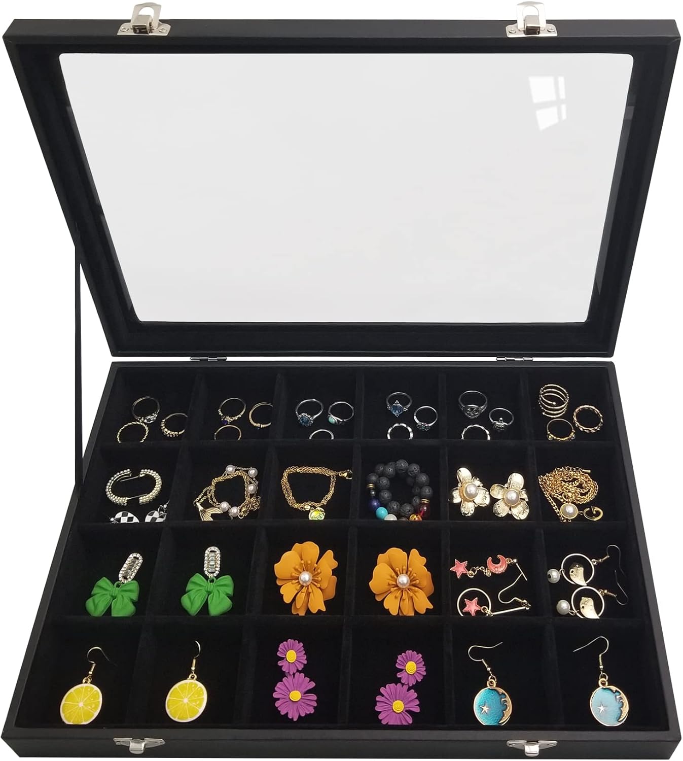 24 Grids Jewelry Box Removable Earrings Rings Organizer Box with Clear Lid for Women Wife (Black)