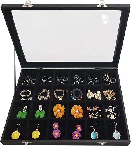 Joyero de 24 rejillas extraíbles para aretes y anillos, caja organizadora con tapa transparente para mujeres y esposas (negro)