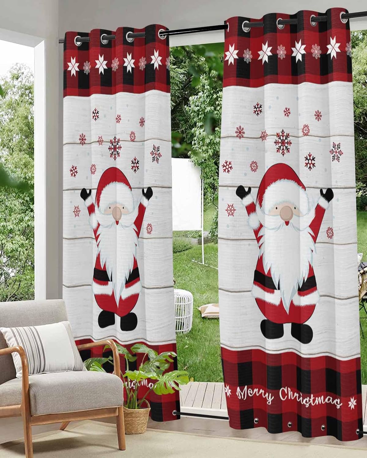 Indoor Outdoor Curtains for Patio Set of 2, Christmas Gnome Cute Weatherproof Thermal Insulated Privacy Window Treatment Outside Curtains for Porch, Pergola, Cabana, 54x84in, Rustic Wood Plaid