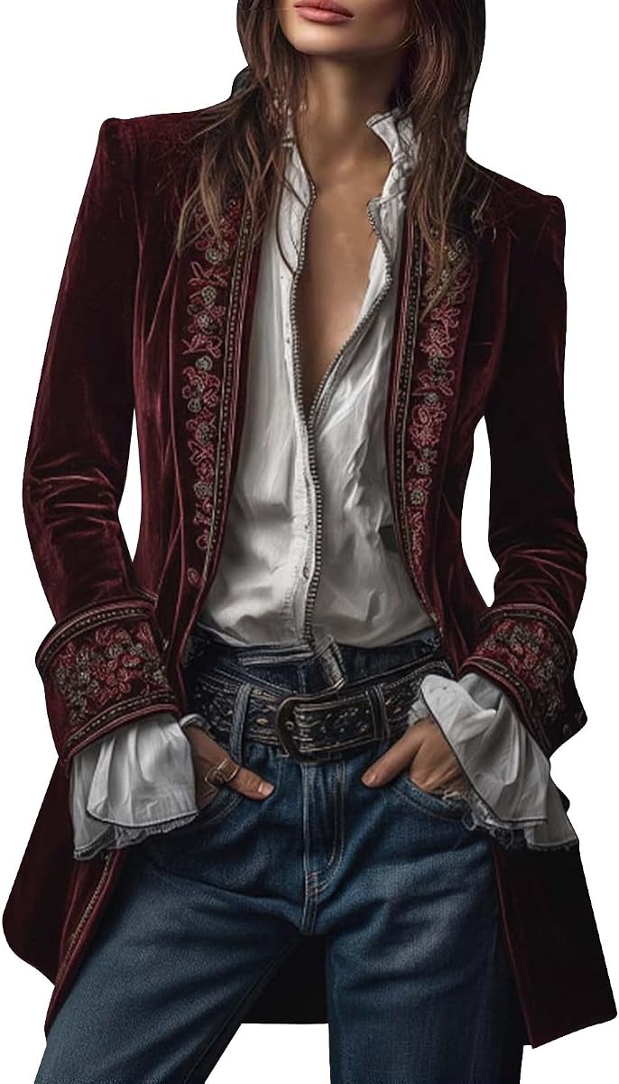 Chaqueta de terciopelo Steampunk para mujer, abrigo pirata, plumero, estilo victoriano, Vintage, estampado, cuello de solapa, chaqueta larga con frente abierto