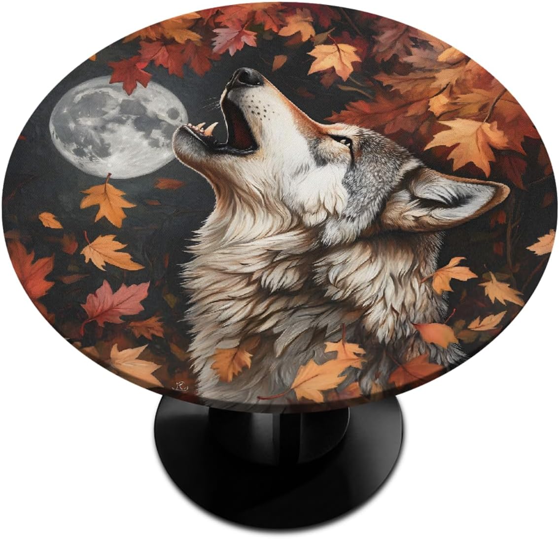 Round Tablecloth with Elastic Edge Fall Wolf Leaves Fitted Circle Table Cover wipeable Round Table Cloth for Indoor Outdoor Patio Dining Kitchen Decor for 45-50inch Tables