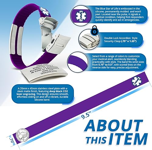 Miniatura 4 de Pulsera deportiva de silicona Medical Alert ID (incl. 5líneas de grabado) Elige tu color! -, Púrpura, 1