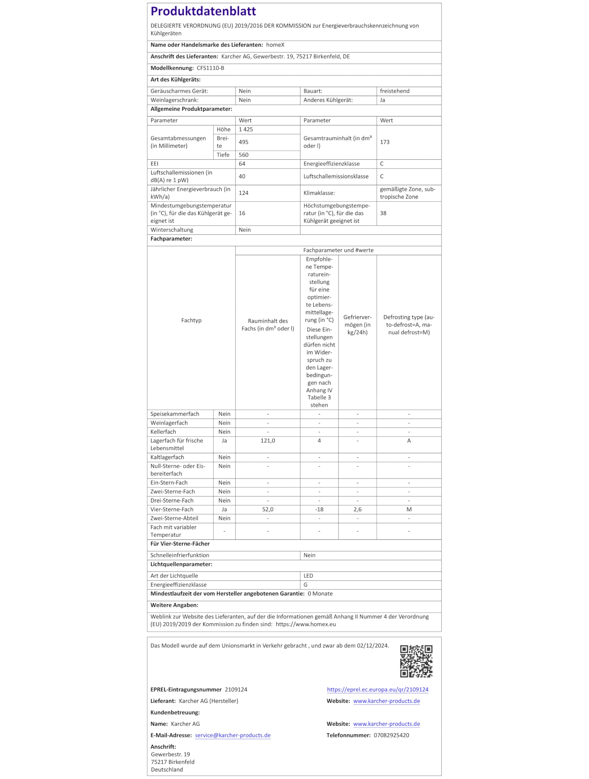 homeX Kühlschrank mit Gefrierfach | Kühl Gefrierkombination freistehend | 173 Liter Nutzinhalt | 4-Sterne Gefrieren | Höhe 142,5 cm | Leise 40 dB | Große Kühlgefrierkombi schwarz | CFS1110-B