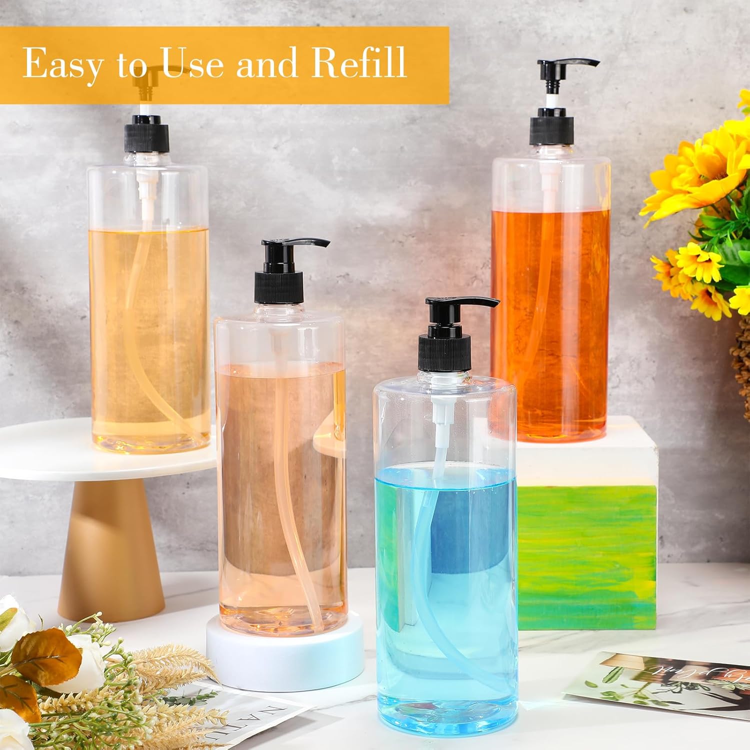 meekoo 10 Pcs Empty Shampoo Bottles with Pumps 32 oz / 1 Liter Bulk Refillable Plastic Dispenser Shampoo and Conditioner Bottles with Black Caps Leakproof for Lotion Massage Oil Body Wash