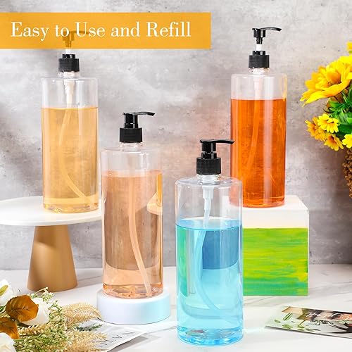 Miniatura 5 de meekoo 10 botellas vacías rellenables de plástico transparente de 32 onzas a granel con tapas negras, dispensador, botellas de champú y