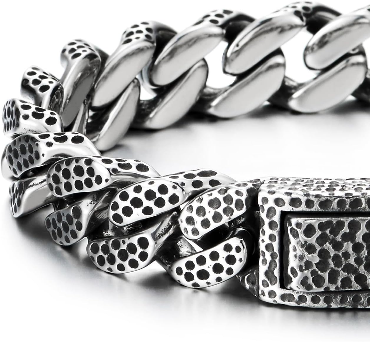 COOLSTEELANDBEYOND Mens Vintage Dotted Textured Link Curb Chain Bracelet Stainless Steel Retro Style - Image 5