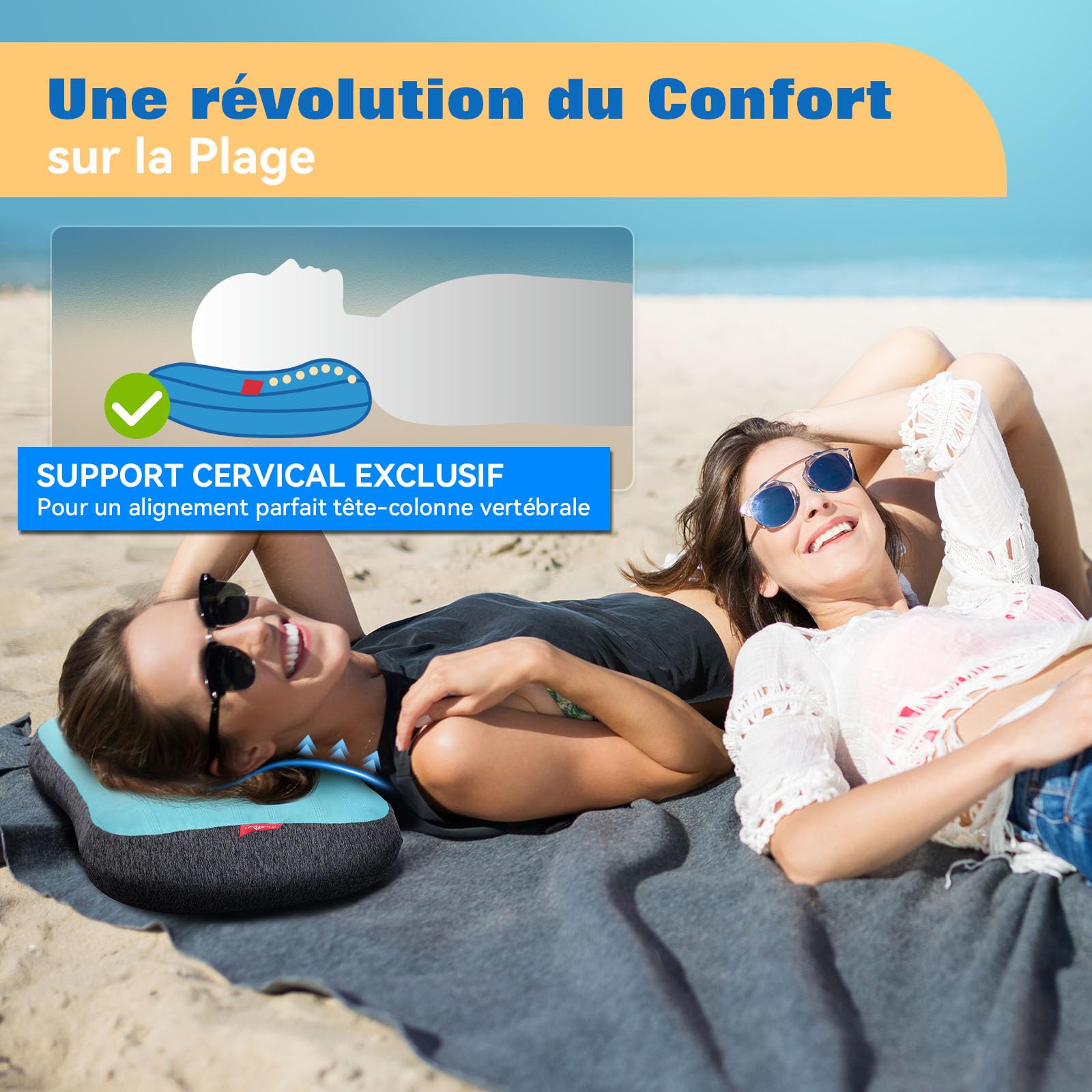 HIKENTURE Coussin de Plage Gonflable avec Taie Rafraîchissante - Compact | Ergonomique avec Tissu Frais Amovible, Fixation Élastique et Sac de Sable - Oreiller de Plage pour Camping, Piscine et Voyage