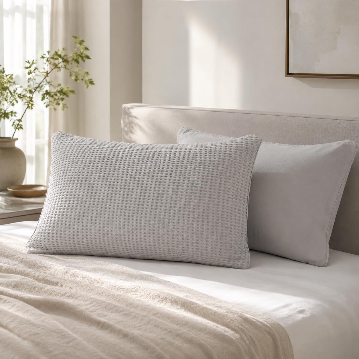 Light Grey Waffle Cotton Pillowcases, Pack of 2, 50 x 75cm