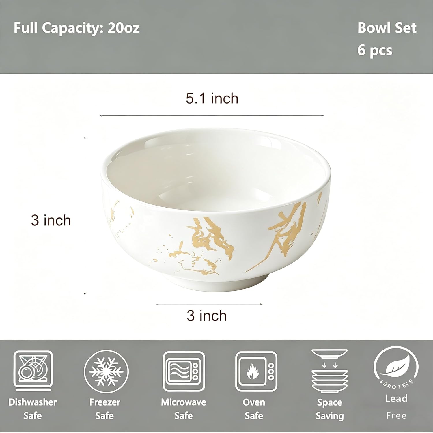 Marble Ceramic Cereal Bowls Set of 6, 20 oz Bohemian Soup Bowl, White Bowls Set for Kitchen, Dessert Bowls for Salad, Pasta, Oatmeal, Ramen, Oatmeal, Fruit, Dishwasher & Microwave Safe