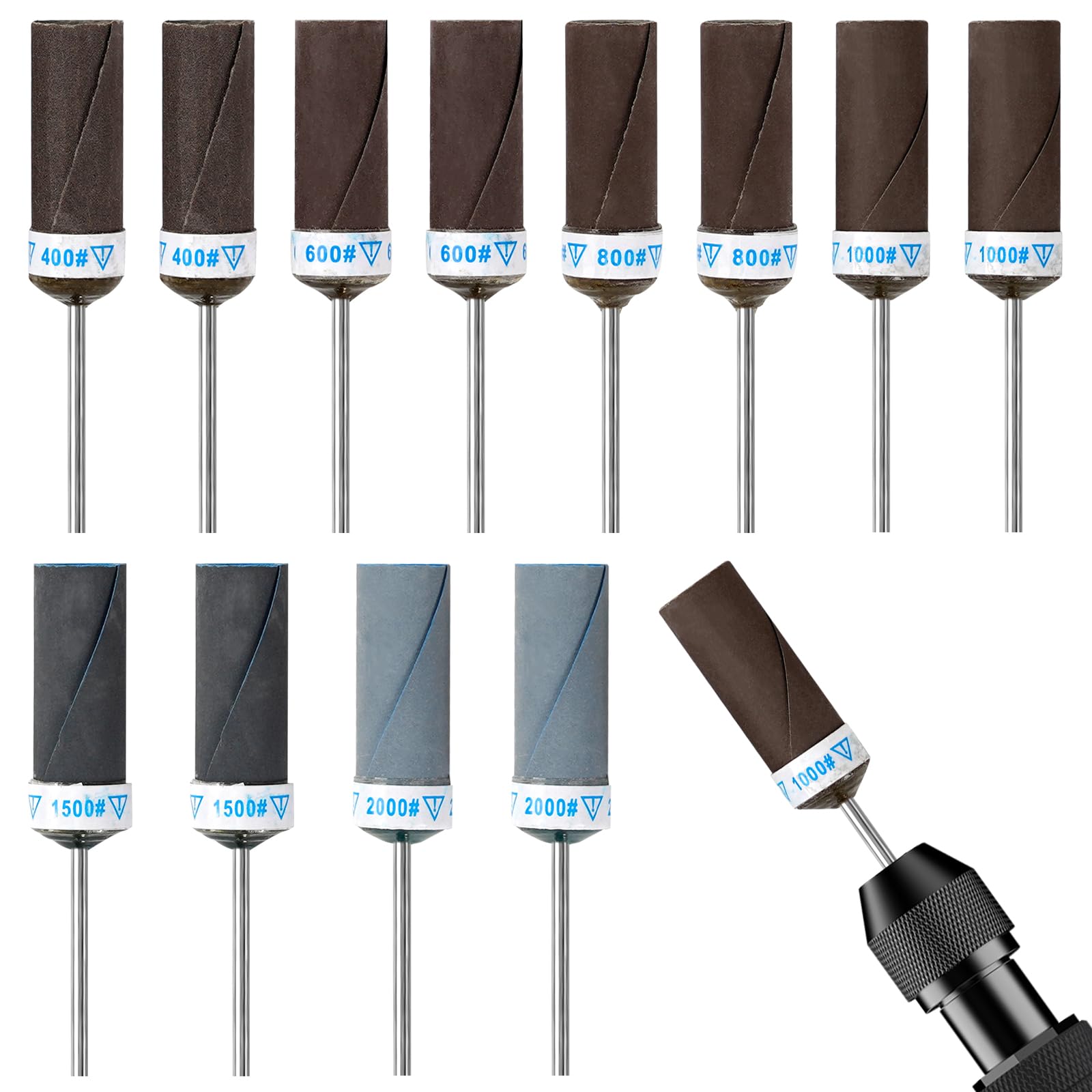 12PCS 400-2000 Grit Sanding Drum Set, Rotary Tool Accessories Bits Sander Set Bands Mandrels for Wood/Metal/Plastic/Glass/Stone/DIY-Craft