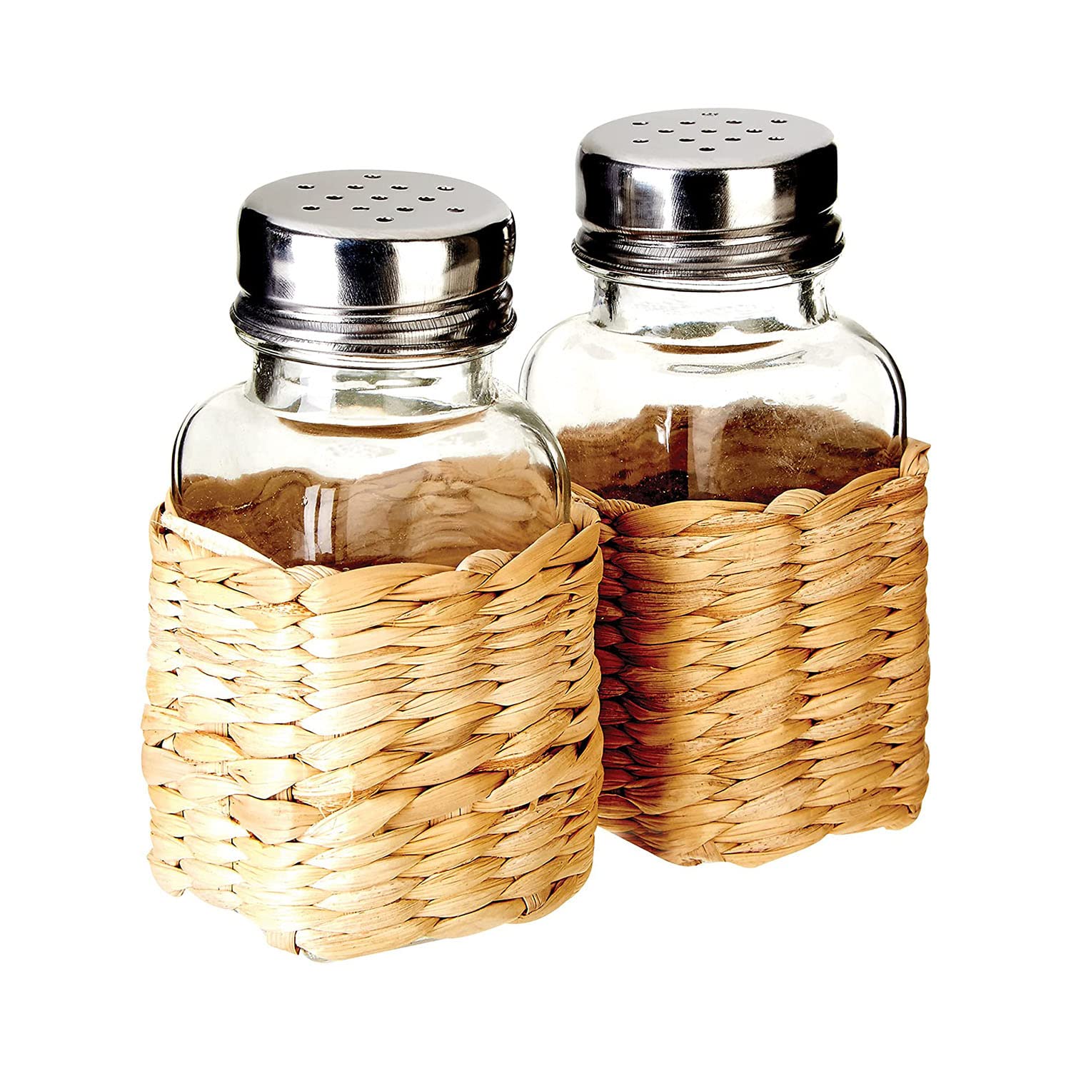 Premier Housewares Salt And Pepper Set Clear Colored Glass And Rattan Container For Salt / Pepper / Herbs/ Reusable Shaker / Shakers Sets Brown