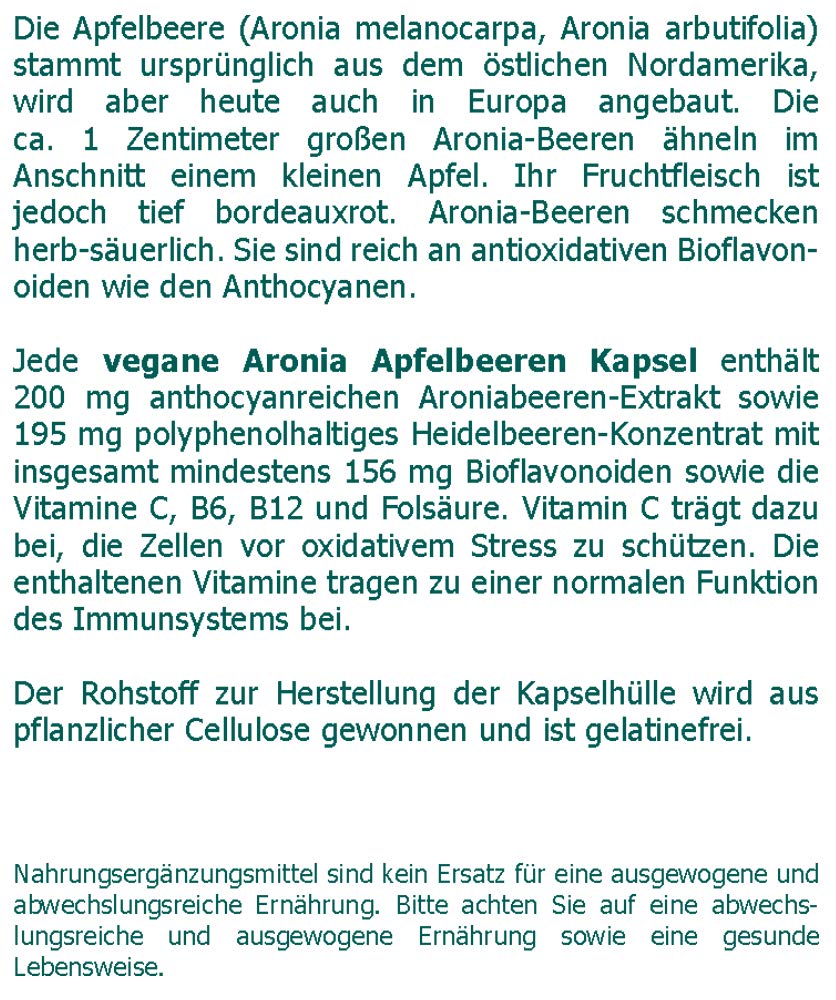 Aronia Apfelbeeren vegane Kapseln 200 Stk. - zur Versorgung mit Vitaminen und Bioflavonoiden aus Aroniabeeren und Heidelbeeren