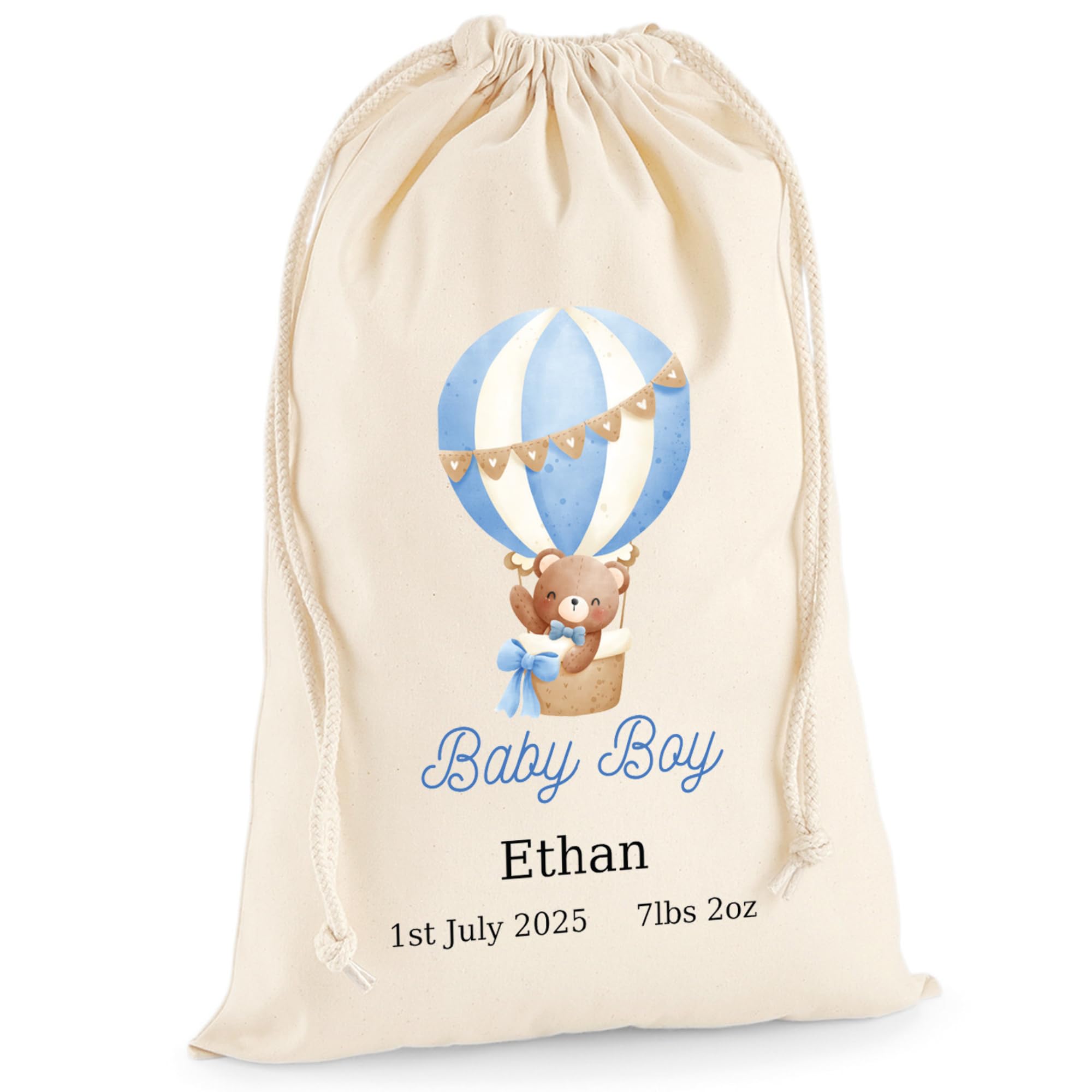 HotScamp Personalised Gift Bag - Custom Name New Baby Boy Drawstring Sack - Personalise Name Newborn New Baby Boy Girl Birth Announcement Cotton Canvas Present Treat - Canvas XL 49.5 x 75cm