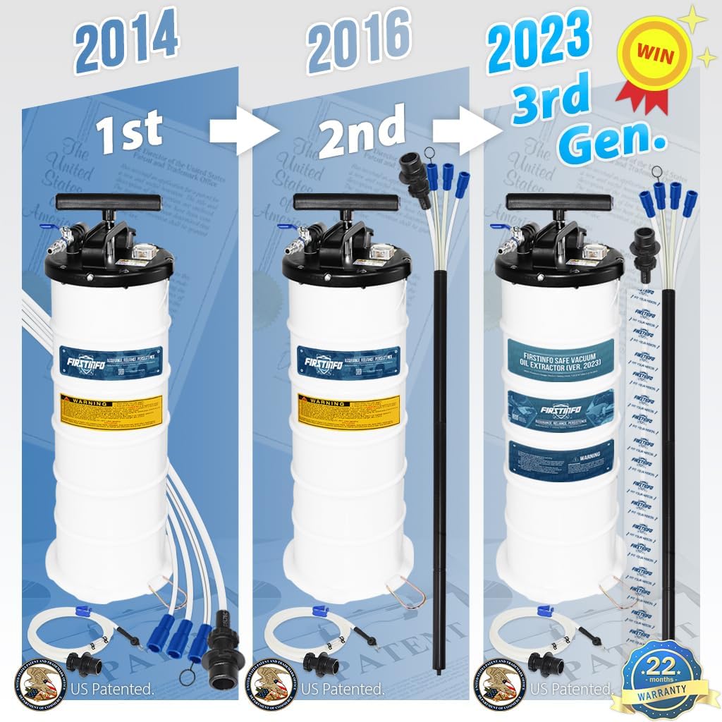 FIRSTINFO A1108US Patented Third Generation 9L Taiwan Pneumatic/Manual Oil Vacuum Extractor | Safety Pressure Gauge | 51 Inch Tube | 6 Tubes | Silicone Brake Fluid Hose | Thinnest Tube