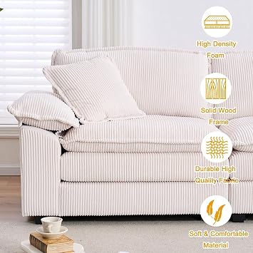 Deep Seat Sectional Cloud Couch with 2 Ottomans & Soft Pillows, Loveseat Modular Sofa with Side Pocket, Convertible 2 Seat Sofa for Living Room, Small Space, Corduroy Beige