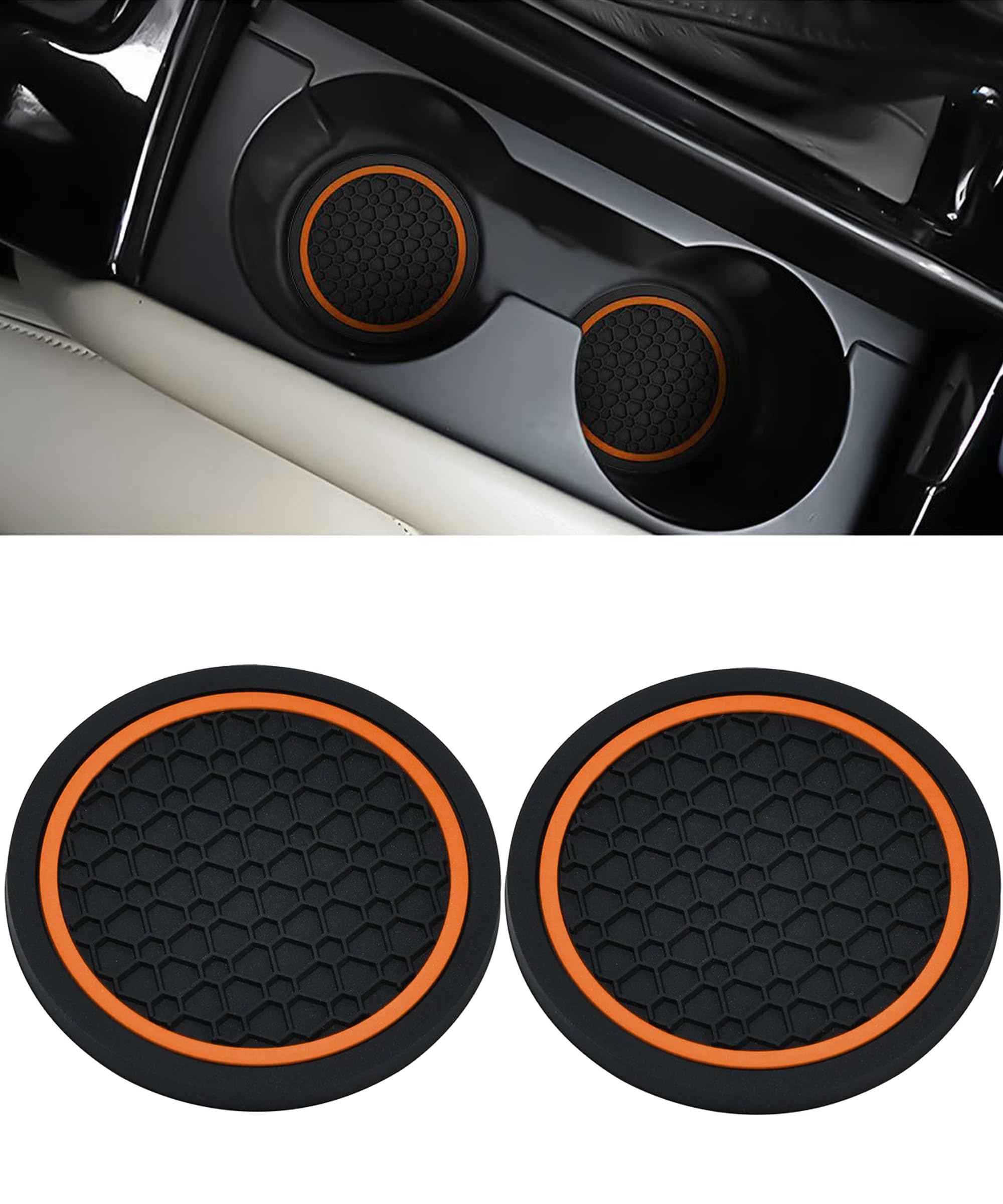 Xibao 2PCS Auto Untersetzer Getränkehalter,Anti Rutsch Auto Tassenhalter,Durchmesser PVC Verdicken Schwarz Autos Untersetzer,Geeignet für die Meisten Autos,SUVs und Anderen Modellen (Schwarz&Orange)
