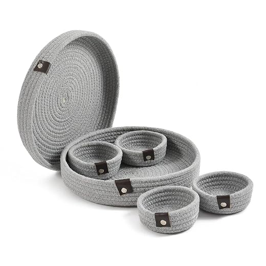 Natural cotton rope dryfruit storage tray with 4 bowls set for home and office and gifting item for friends family (Beige)