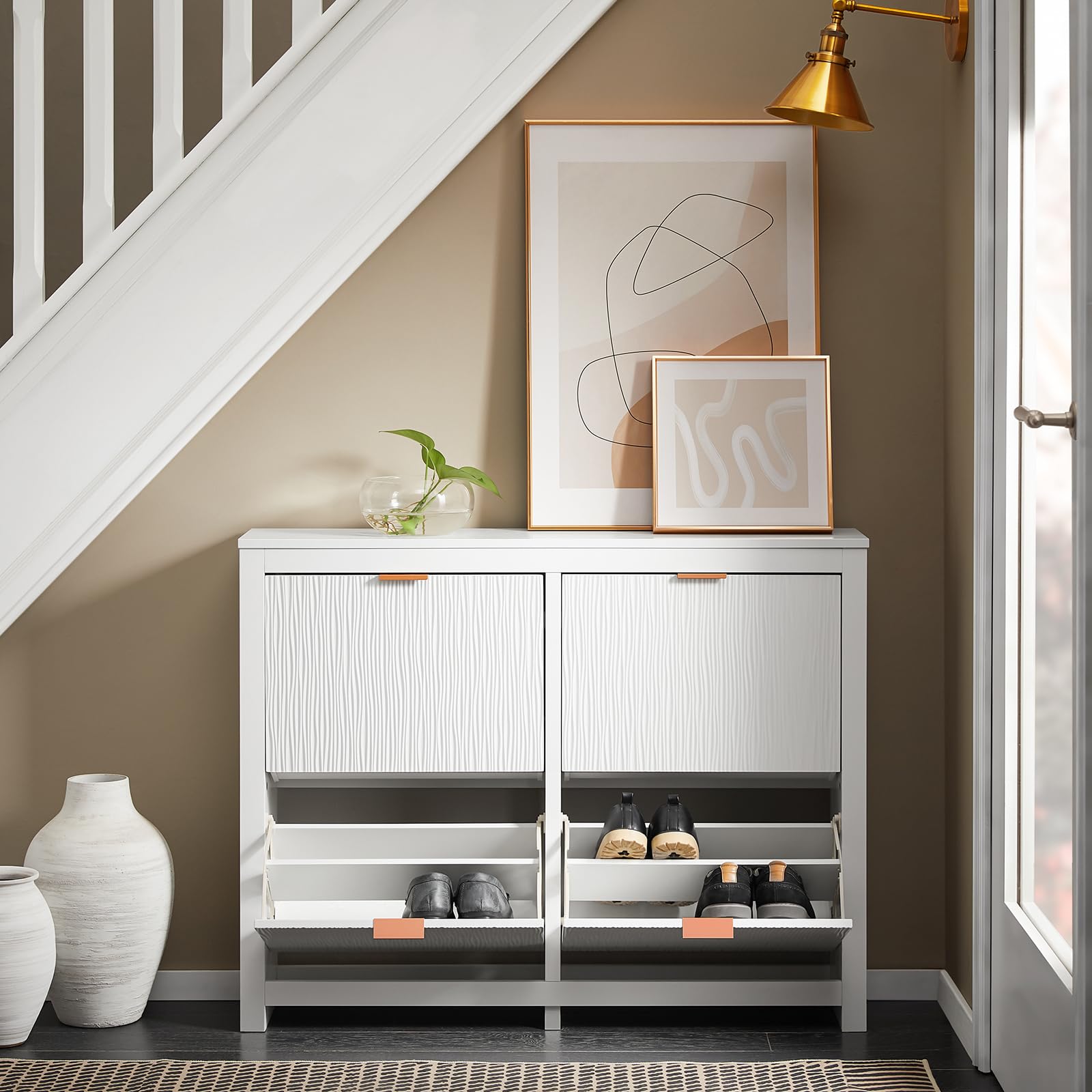 SoBuy Zapatero Entrada Recibidor - Mueble Zapatero Estrecho Blanco 4 Solapas de 2 Niveles para Pasillo Estrecho y Recibidor, Diseño Compacto y Elegante, MDF E1 104x23x82cm FSR186-II-W