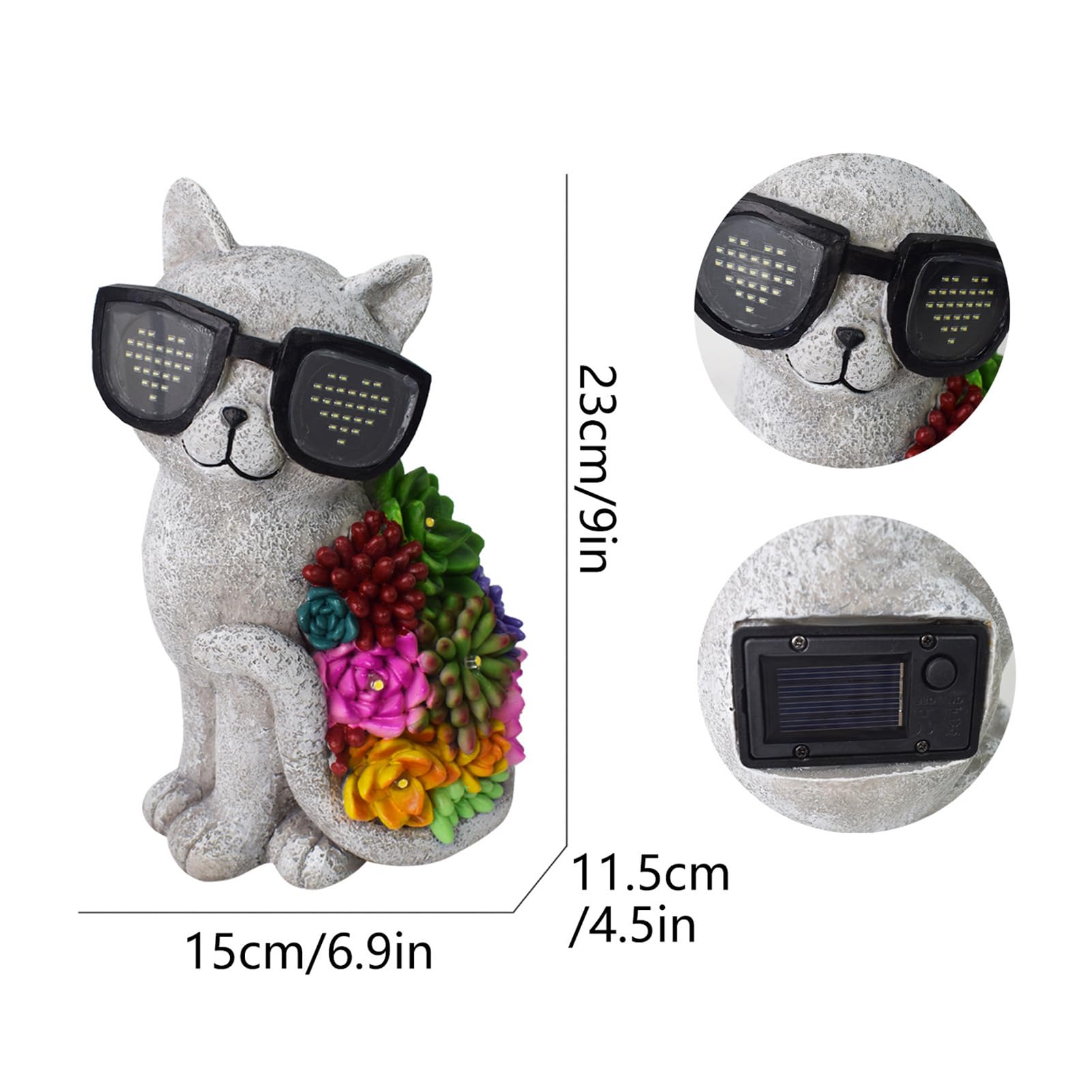 Gatto Solare Decorativo con Occhiali e Luci LED Calde, Ornamento da