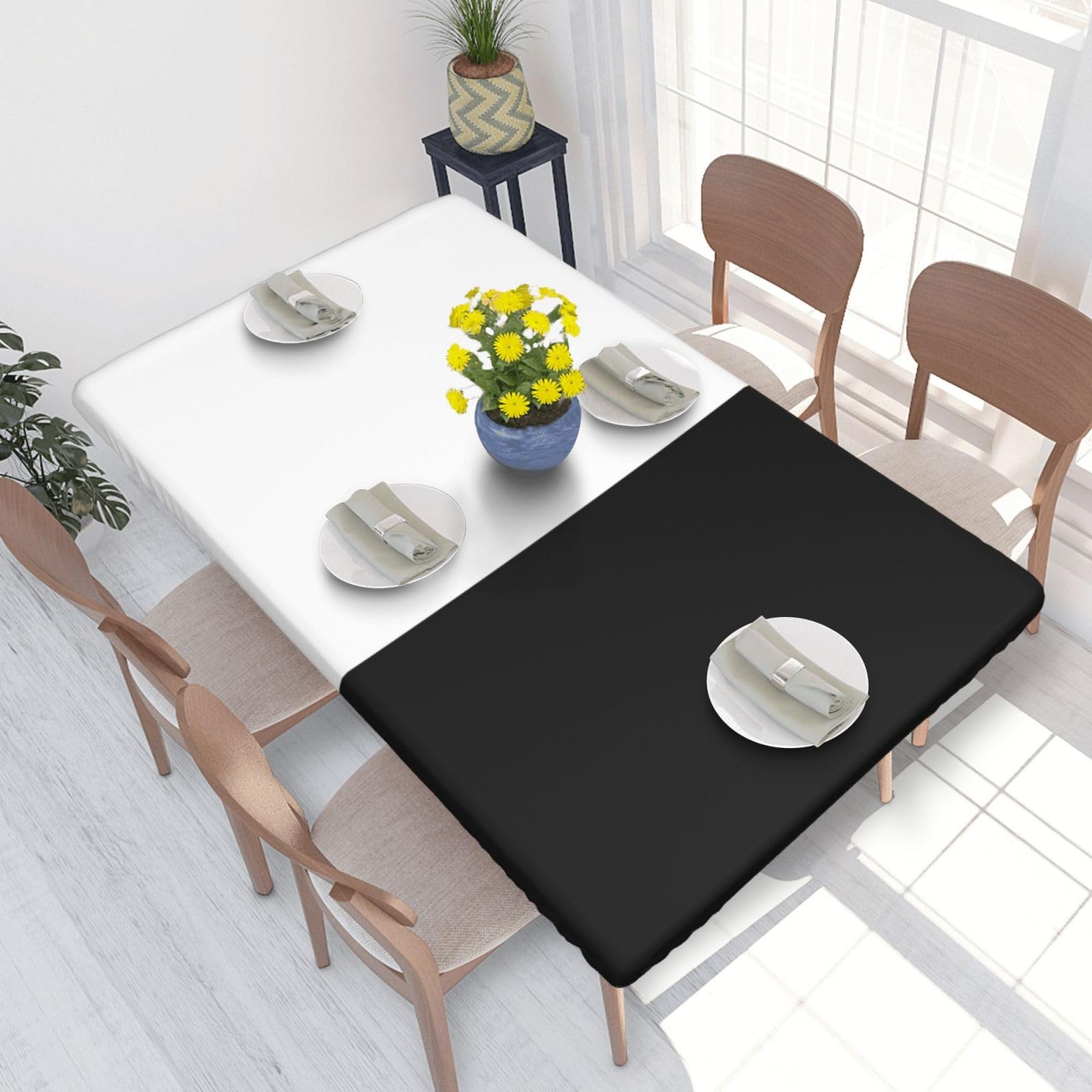 Half White Half Black Premium 4ft Square Elastic Edged Table Cover Easy-Care Oil-Repellent