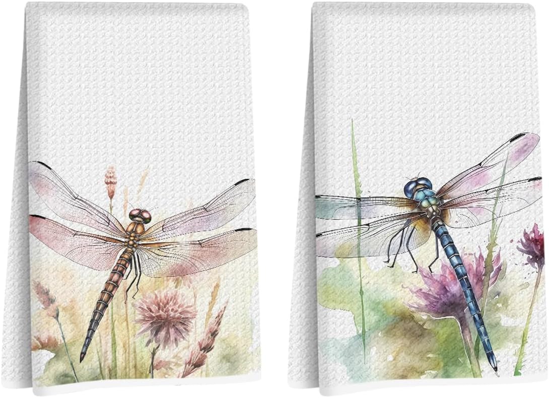 2Pcs Watercolor Dragonfly Kitchen Towels 24x14 Inch, Rustic Floral Waffle Hand Towels for Kitchen Home, Absorbent Microfiber Dish Cloth Tea Towel, Dragonfly Gifts for Women