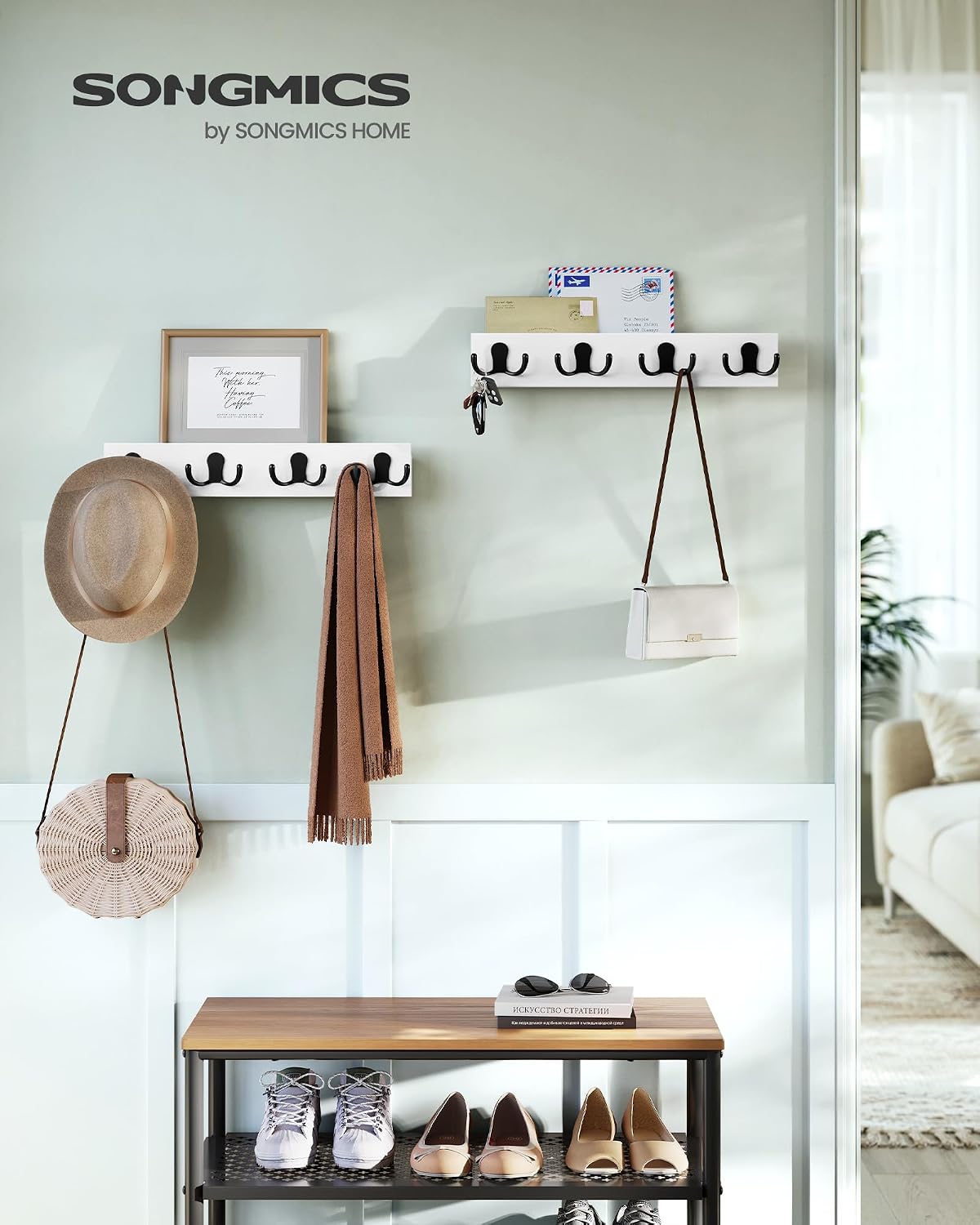Holding Rackz SONGMICS Set of 2 Wall Mounted Coat Racks with 8 Double Hooks and Shelf ...