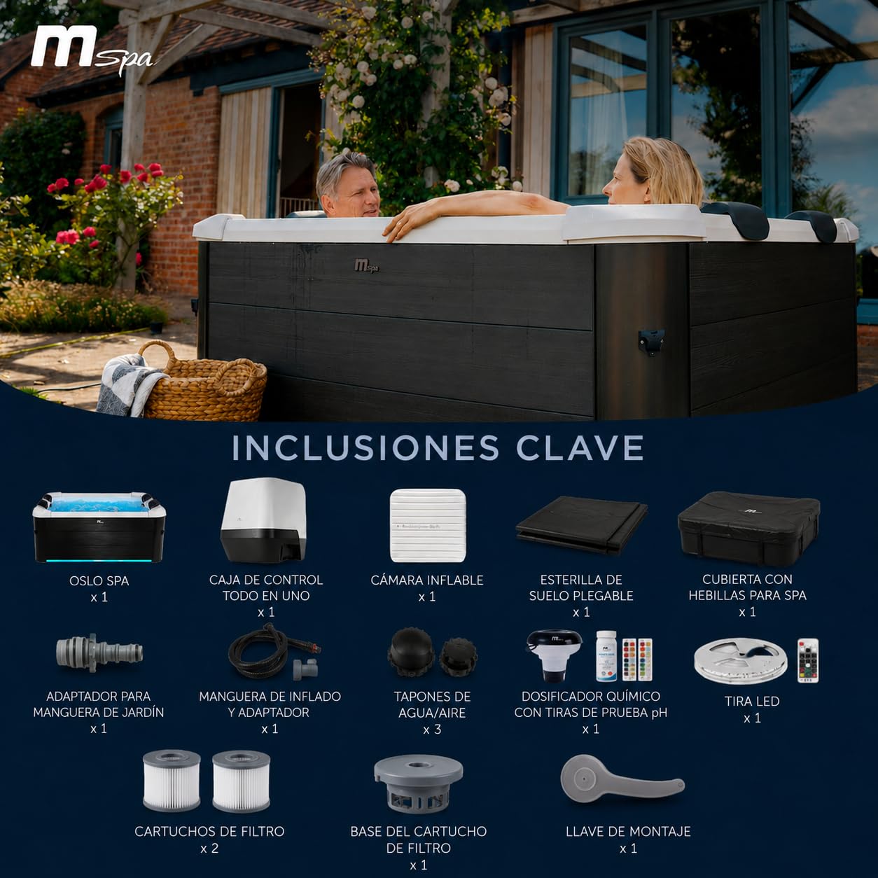MSpa Oslo SPA rígido Cuadrado 4-6 Personas con 120 chorros Aerojet, 8 Jets de Agua, LED, UVC+, ozono y Control Inteligente