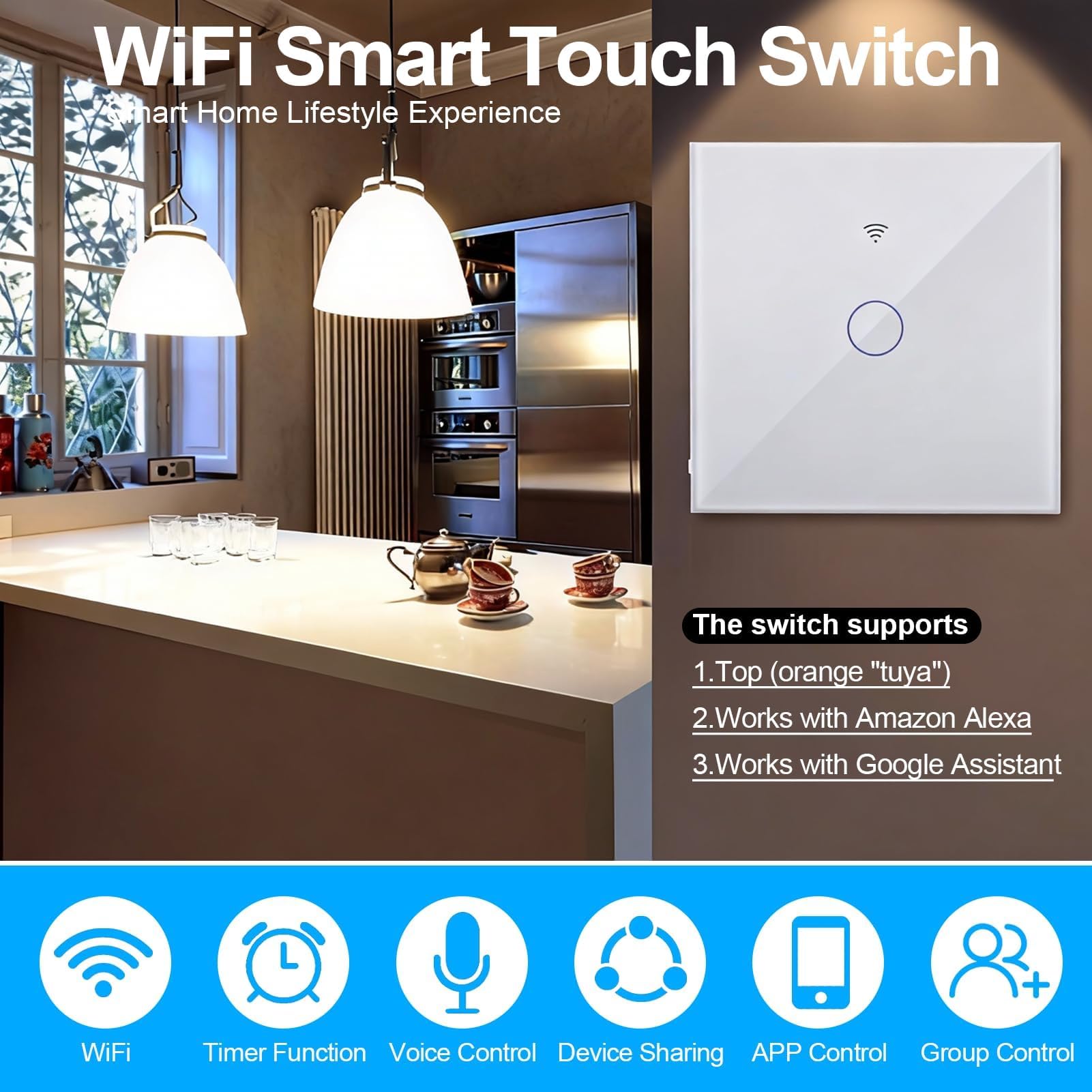 Interruptor WiFi Inteligente Táctil de Pared, 1 Vía 1 Gang, Compatible con Alexa, Google Home y Tuya Smart Life, Requiere Neutro, Panel de Cristal, 86 x 86 mm, Blanco
