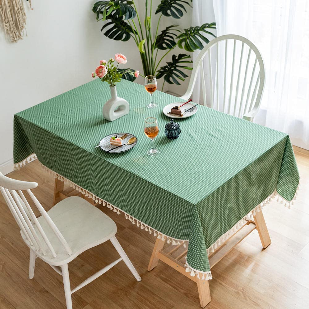Nappe à carreaux coton et lin jaune vert 140x360cm à glands