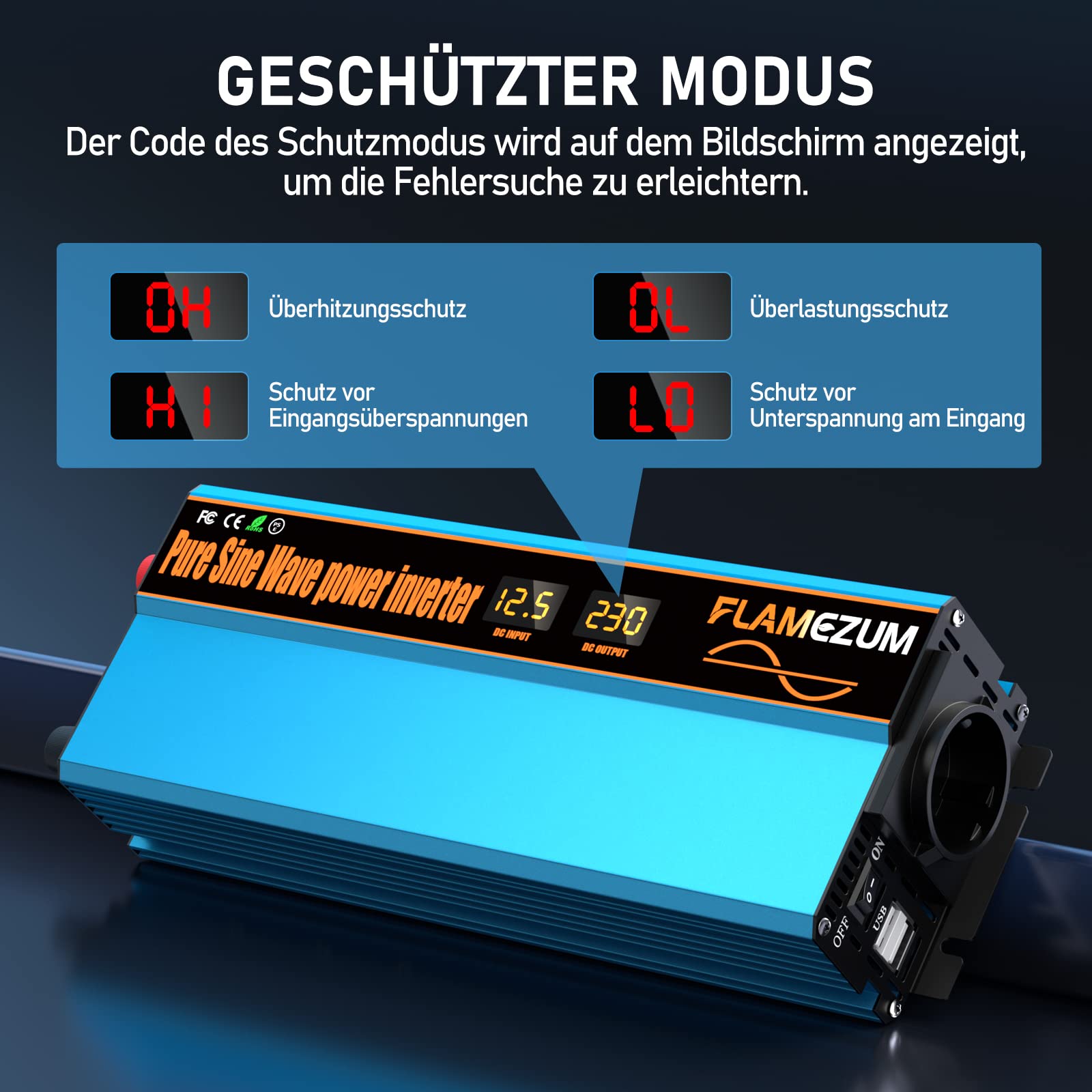 1000w Spannungswandler 12v Auf 230v Reiner Sinus Wechselrichter mit 1 EU-Steckdose und 2 USB Autoladegerät Power Solar Inverter DC AC Umwandler Stromwandler