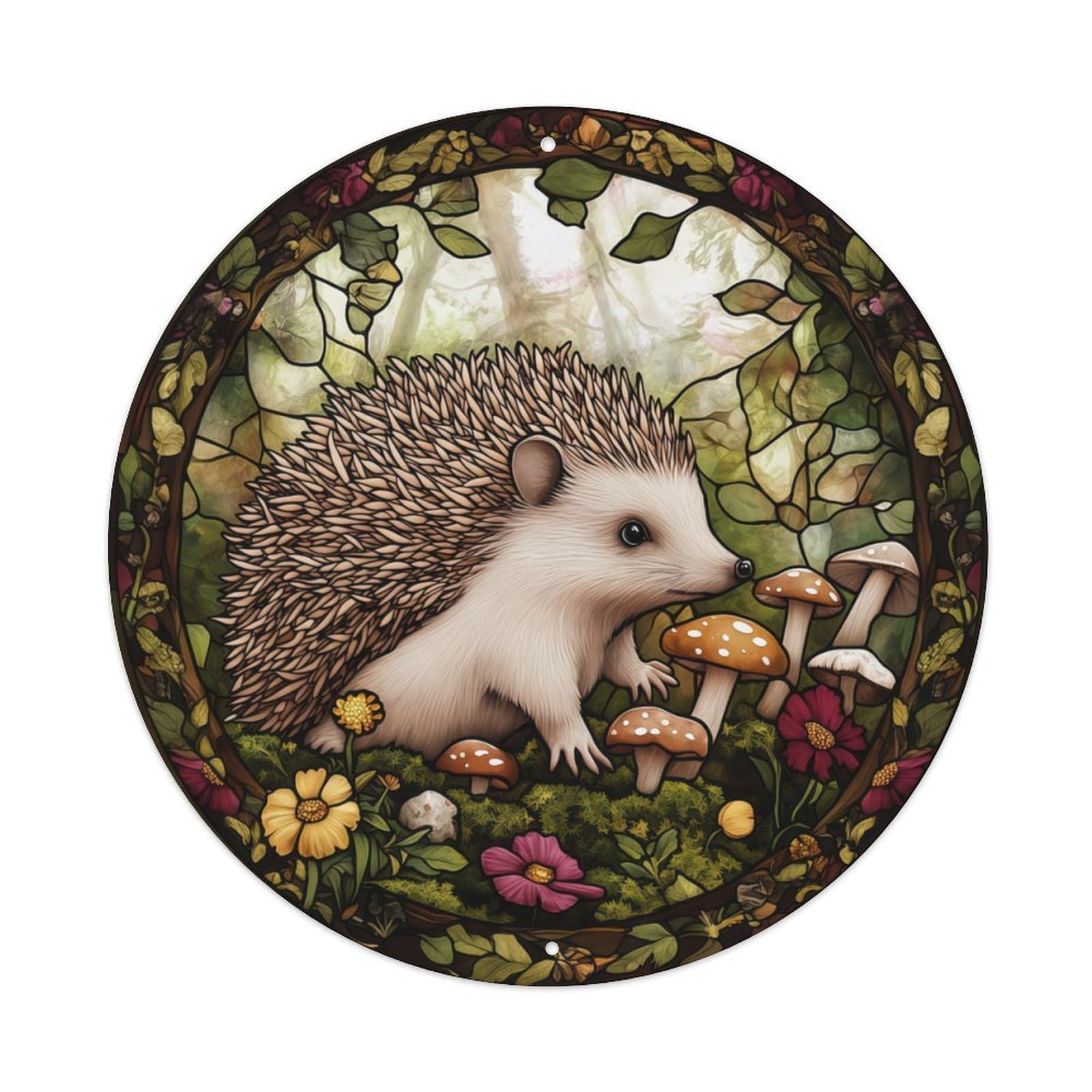 Stained Glass Style Forest Hedgehog Round Decor Sign Vintage Aluminium Metal Sign, Retro Wall Decor for Home, Bar, Garage & Farmhouse 20x20cm