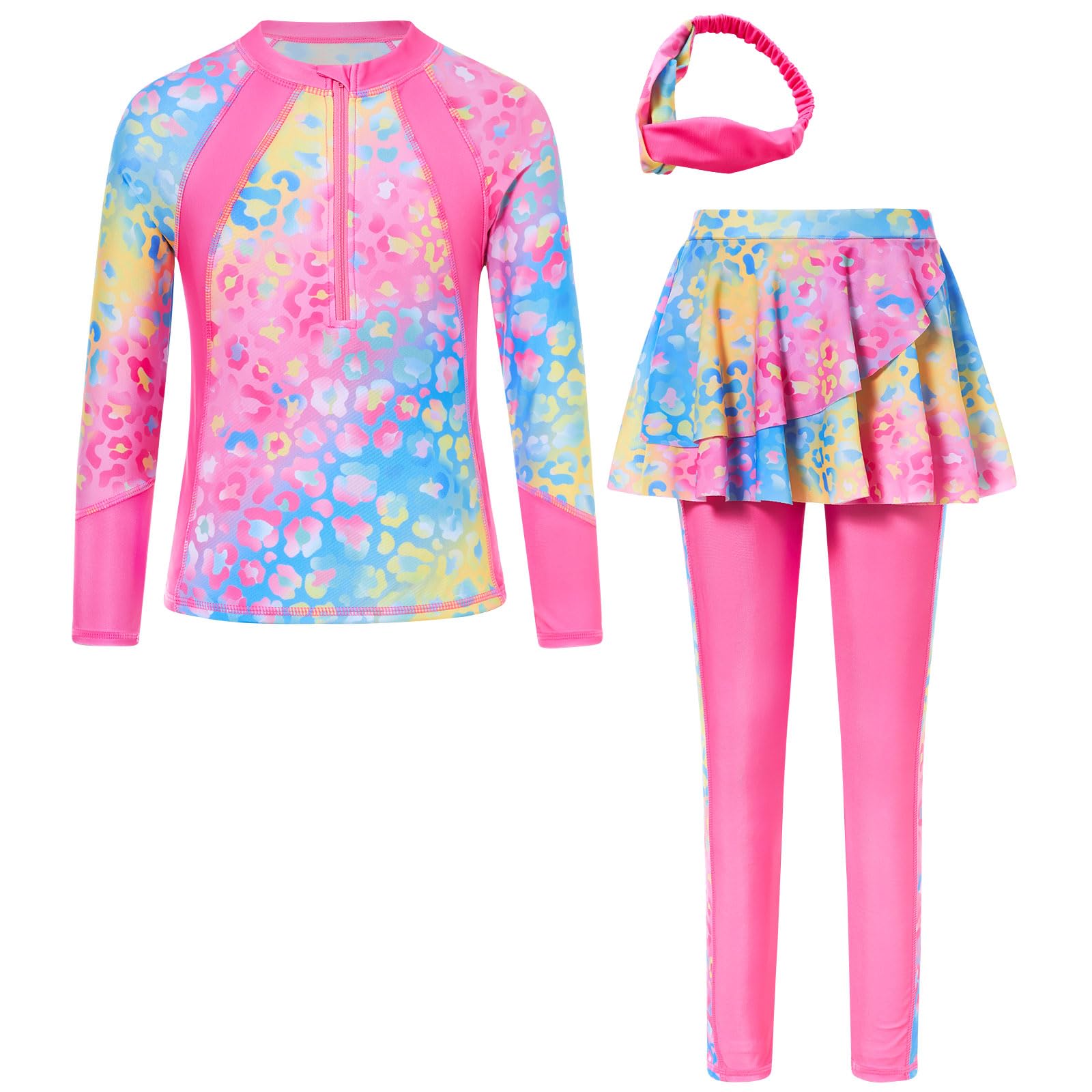 Girls Long Sleeve Rashguard Half Zip Swimsuits UPF 50+ Two Piece Swim Sets with Hairband 5-12Y | Two Piece Swim Sets with Hairband